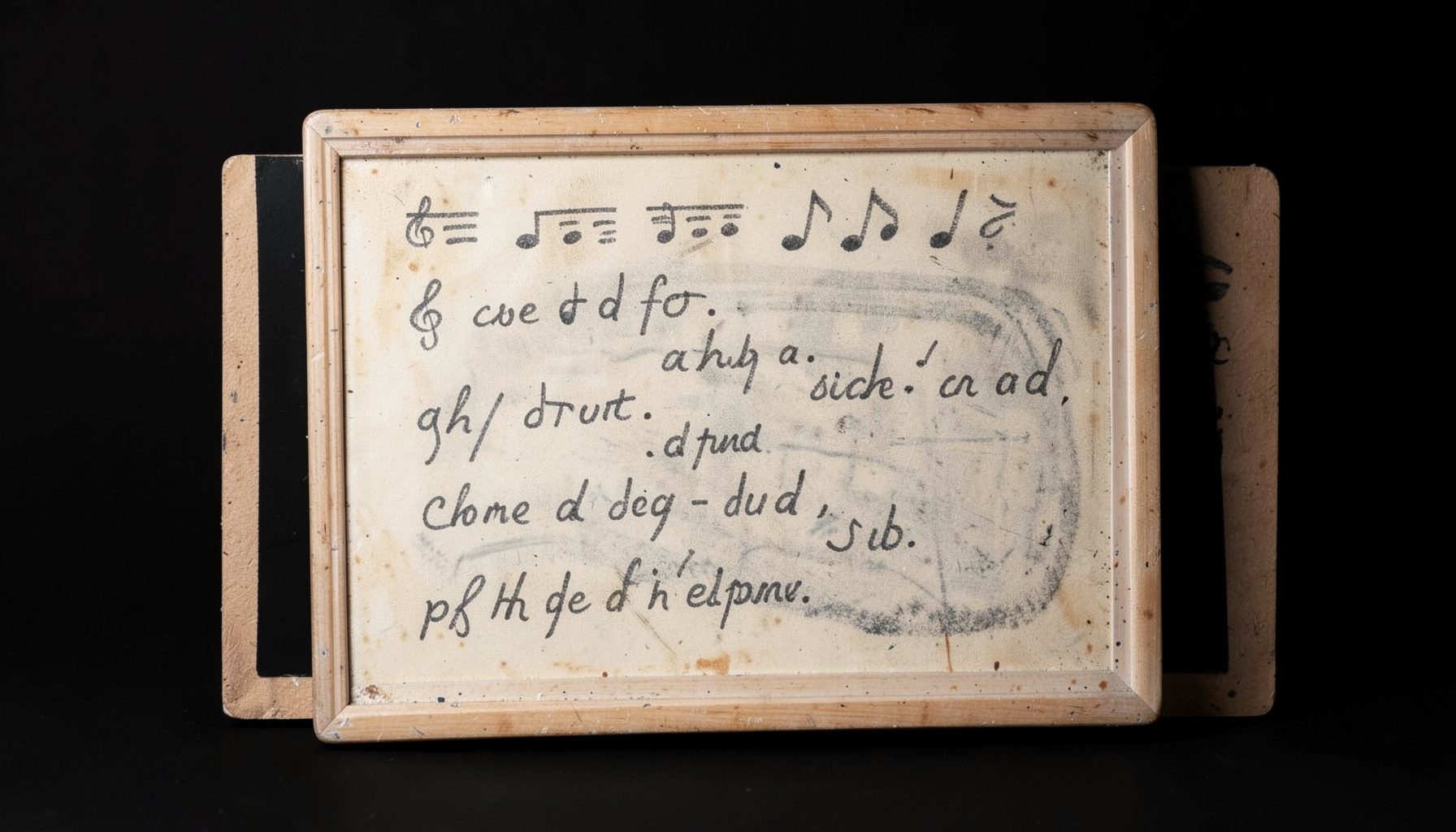 A close-up studio photograph of a vintage chalkboard with handwritten musical notes and lyrics softly smudged, warm neutral tones of cream and charcoal against a dark seamless backdrop.