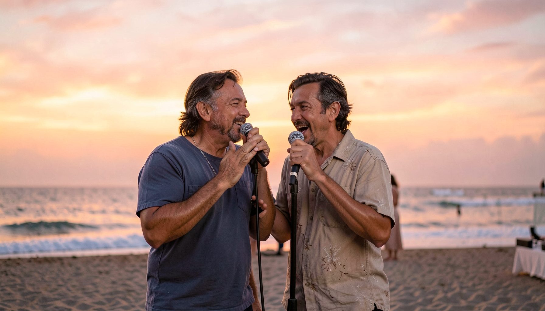 A duo singing together at an outdoor beach venue at sunset, with soft orange and pink sky tones behind them.