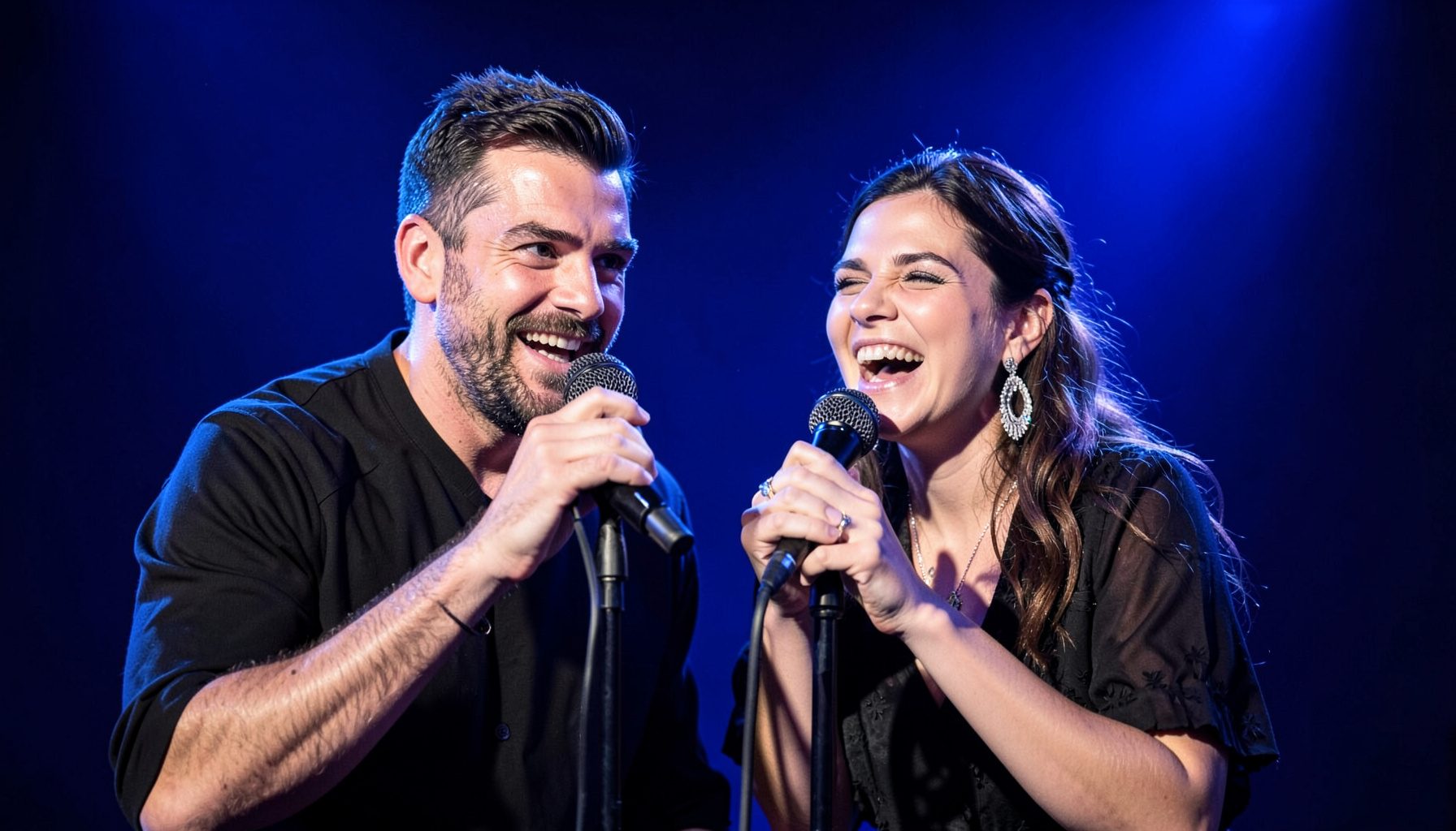 A male and female vocalist sharing a microphone under deep blue stage lights, expressions full of energy.