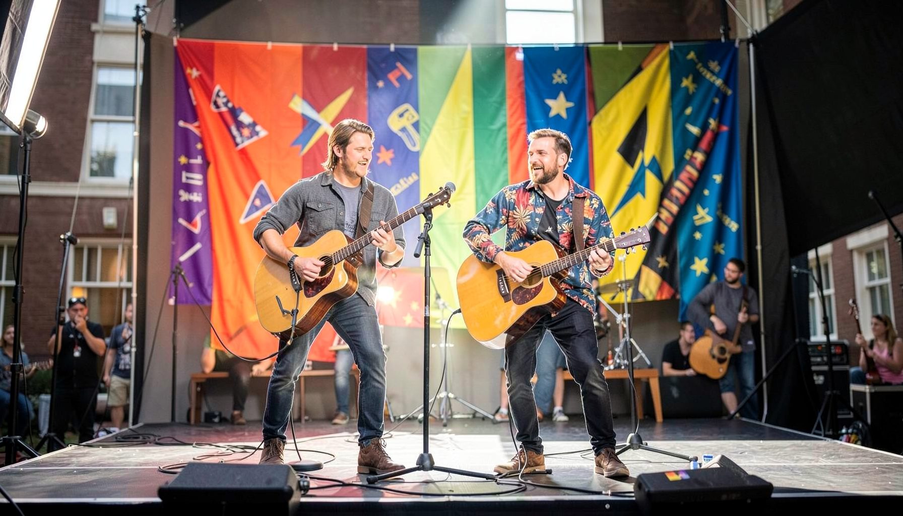 A pop-folk duo on a university campus stage, colorful banners behind them, with bright daylight streaming in.