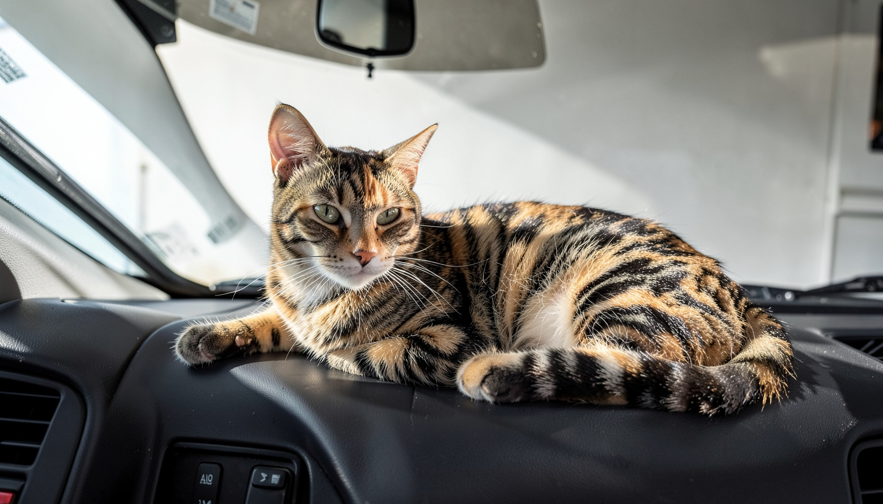 A cat with distinctive markings lounging on an RV dashboard, sunlight streaming through the windshield.