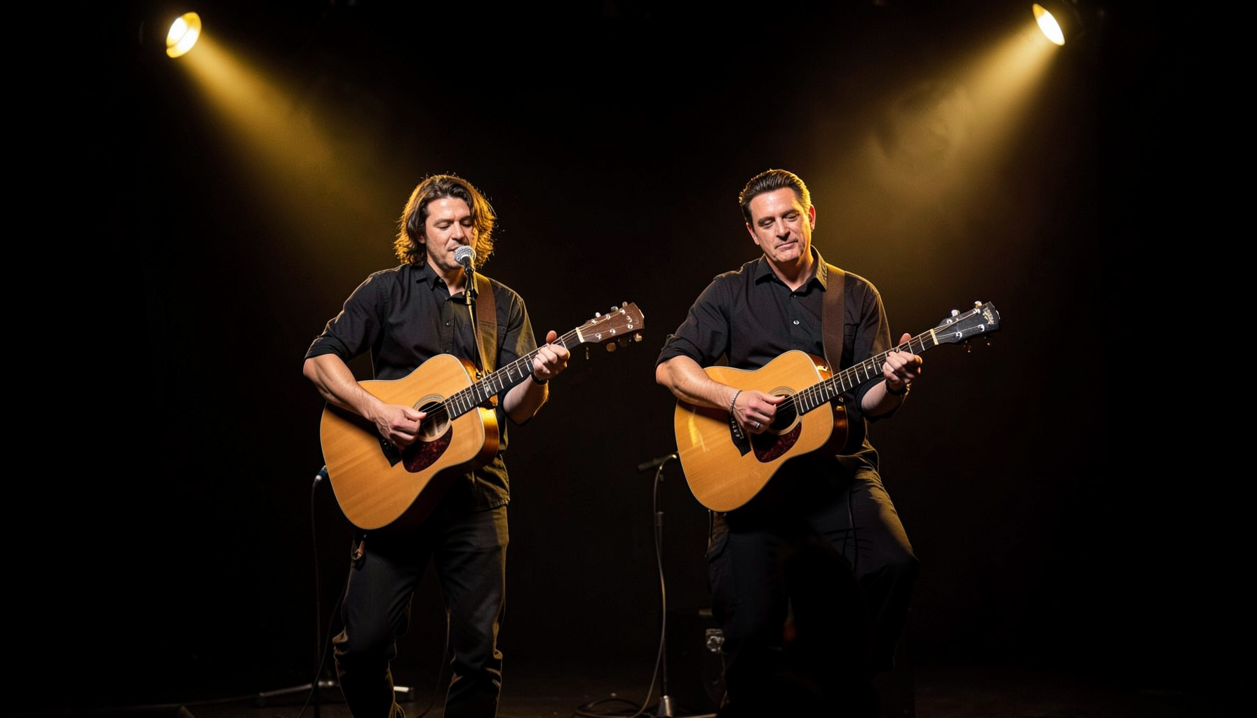 An acoustic duo performing on a small stage with warm golden spotlights, guitars in hand, against a dark backdrop.