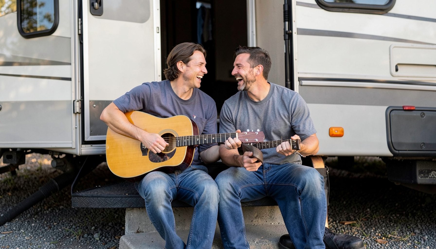 A duo sitting on the steps of their RV with an acoustic guitar, laughing together in soft afternoon light.