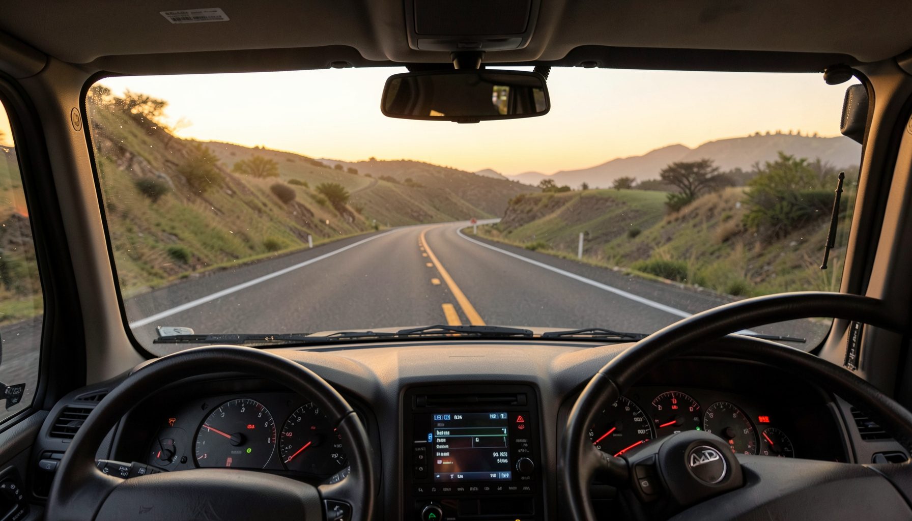 A winding highway seen through an RV windshield at golden hour, dashboard and steering wheel in the foreground.