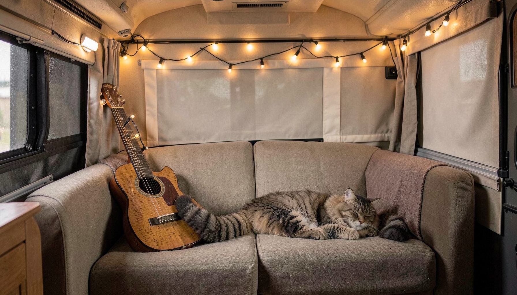 The interior of a cozy RV with string lights, a guitar leaning against the seat, and a cat curled up on a cushion.